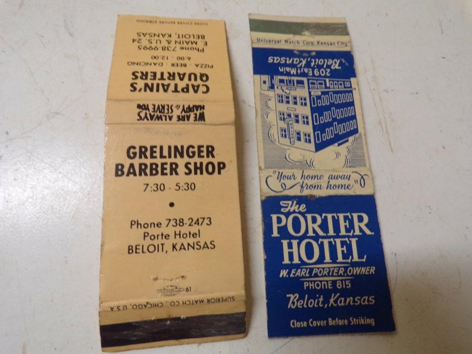 2 Old Beloit Kansas  Matchbook Covers Earl Porter Hotel Grelinger Barbershop