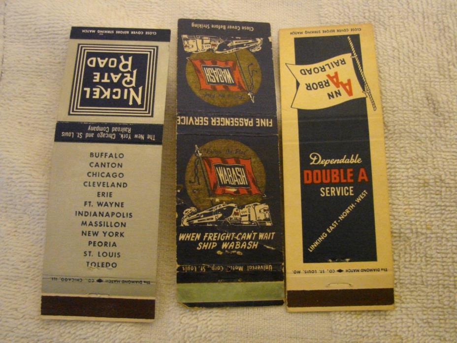 (3) RAILROAD MATCHBOOKS ANN ARBOR - WABASH - NICKEL PLATE ROAD NY-CHIC-ST. LOUIS