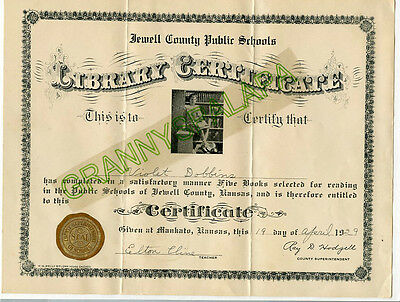 1929 Jewell County Public Schools-Mankato KS-Library Certificate-Violet DOBBINS