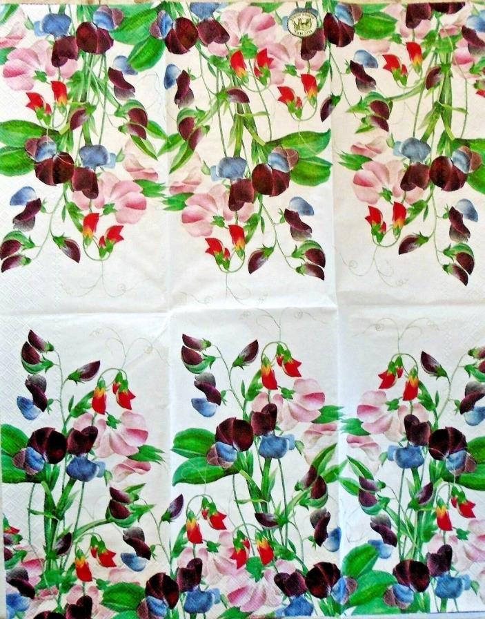 Two (2) Paper Hostess Napkins for Paper Crafts, Sweet Pea, Floral