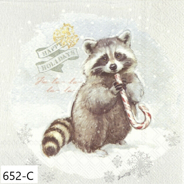 TWO Single Paper Cocktail Decoupage Napkins - HAPPY HOLIDAYS, RACOON, XMAS (652)