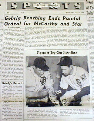 1939 newspaper NY Yankee LOU GEHRIG ends his CONSECUTIVE GAME STREAK due to ALS