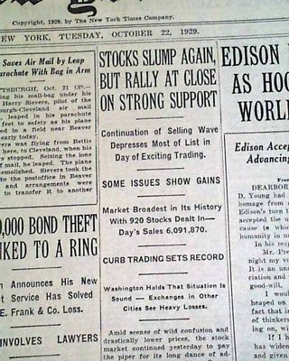 The Great STOCK MARKET Wall Street CRASH OF 1929 in a New York City Newspaper