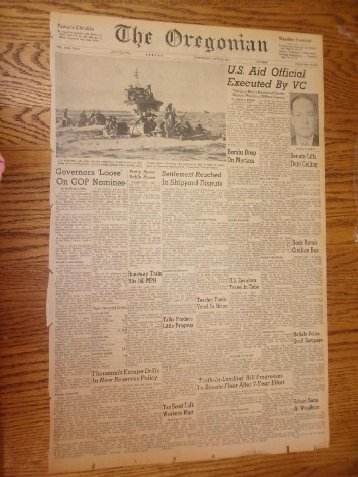 THE OREGONIAN - JUNE 28TH, 1967, FRONT PAGE! GREAT FOR A PRESENT! GREAT VALUE!