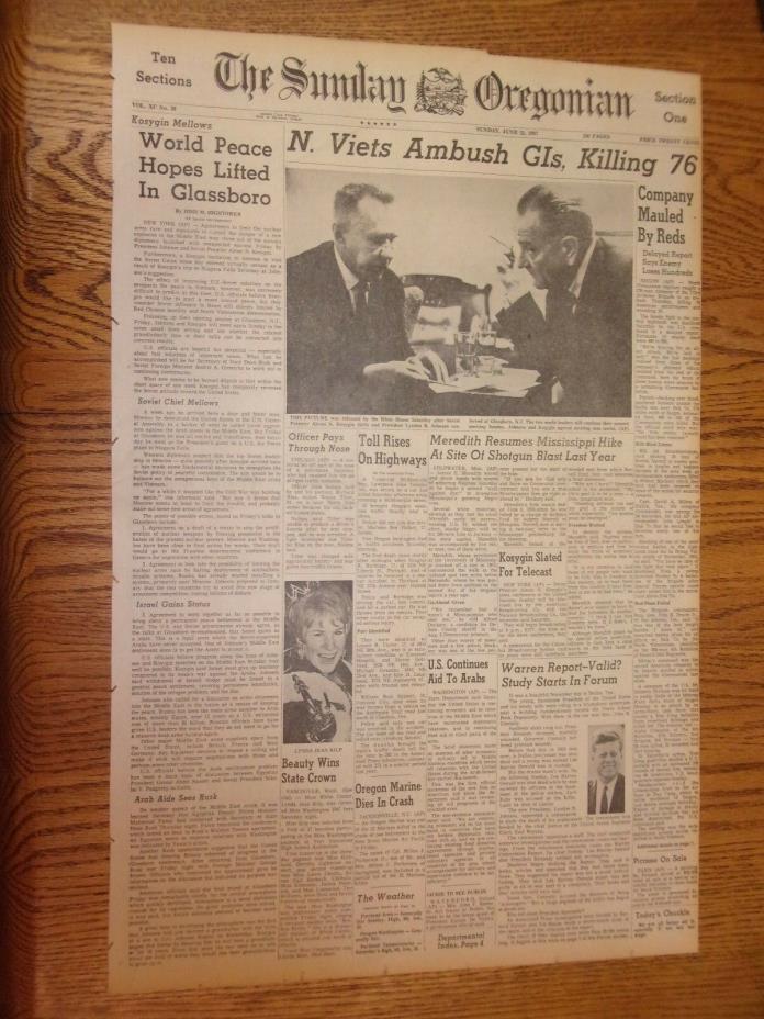 THE OREGONIAN - JUNE 25TH, 1967, FRONT PAGE! GREAT FOR A PRESENT! GREAT VALUE!