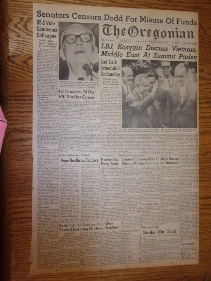 THE OREGONIAN - JUNE 24TH, 1967, FRONT PAGE! GREAT FOR A PRESENT! GREAT VALUE!