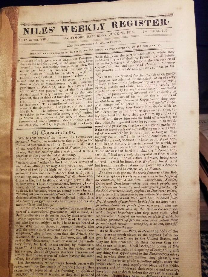 Niles Weekly Register 1815 of conscriptions New French Constitution Napoleon