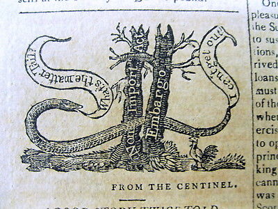 <1808 newspaper w ANTI THOMAS JEFFERSON political cartoon BRITISH TRADE EMBARGO