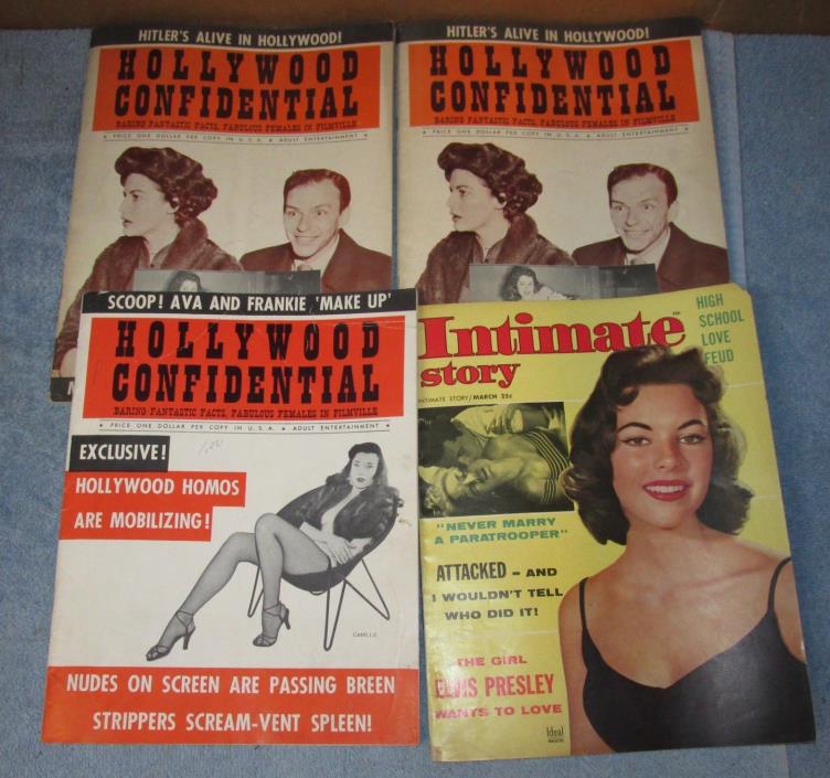 4 Vtg Mens Magazine Lot Pulp/Pinup HOLLYWOOD CONFIDENTIAL/INTIMATE STORY J525
