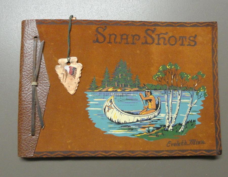 Vintage LEATHER PHOTO Snap Shots SCRAPBOOK Birch Bark Canoe EVELETH MN &Bookmark