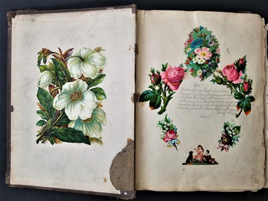 1882 antique victorian SCRAPBOOK die cuts & handwritten AUTOGRAPH ALBUM 78pgs