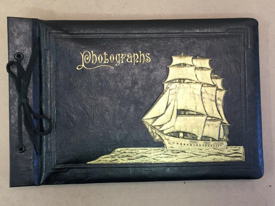 Vintage Empty Photograph Scrapbook Album With Embossed Ship Motif Black Pages