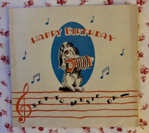 Vintage 1930s Birthday Greeting Card Cute Puppy Dog Playing Accordion
