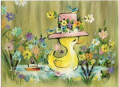Vintage Unused Birthday Greeting Card Yellow Duck Hat Flowers Pulling Toy Boat