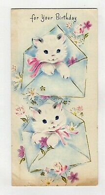 Vintage Birthday Greeting Card Pretty Kitten Cat Inside Envelope