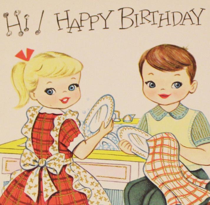 Vintage Mid Century BIRTHDAY Greeting Card Girl & Boy Doing Dishes - Made in USA