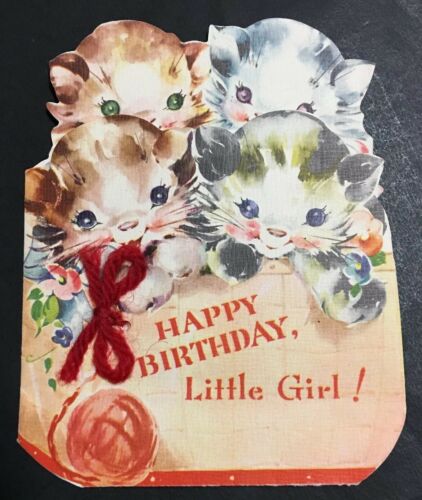 Four Little Kittens in Basket Red Yarn Vintage Happy Birthday Greeting Card