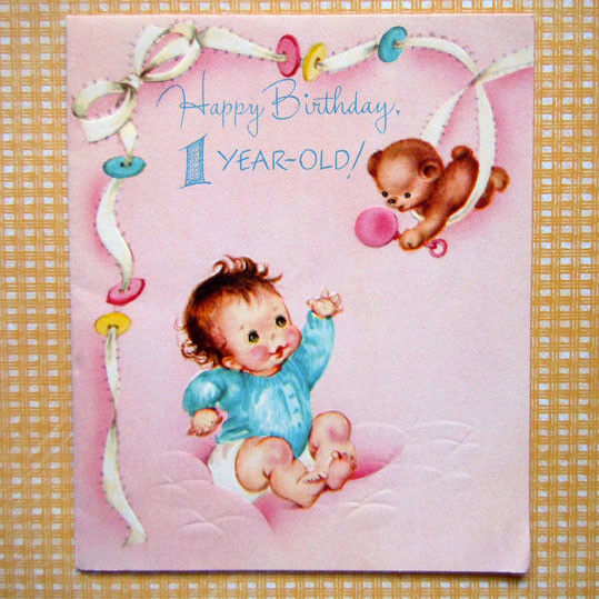 Vintage Pop Up Honeycomb 1 Year Old Baby with Teddy Bear and Toys Birthday Card