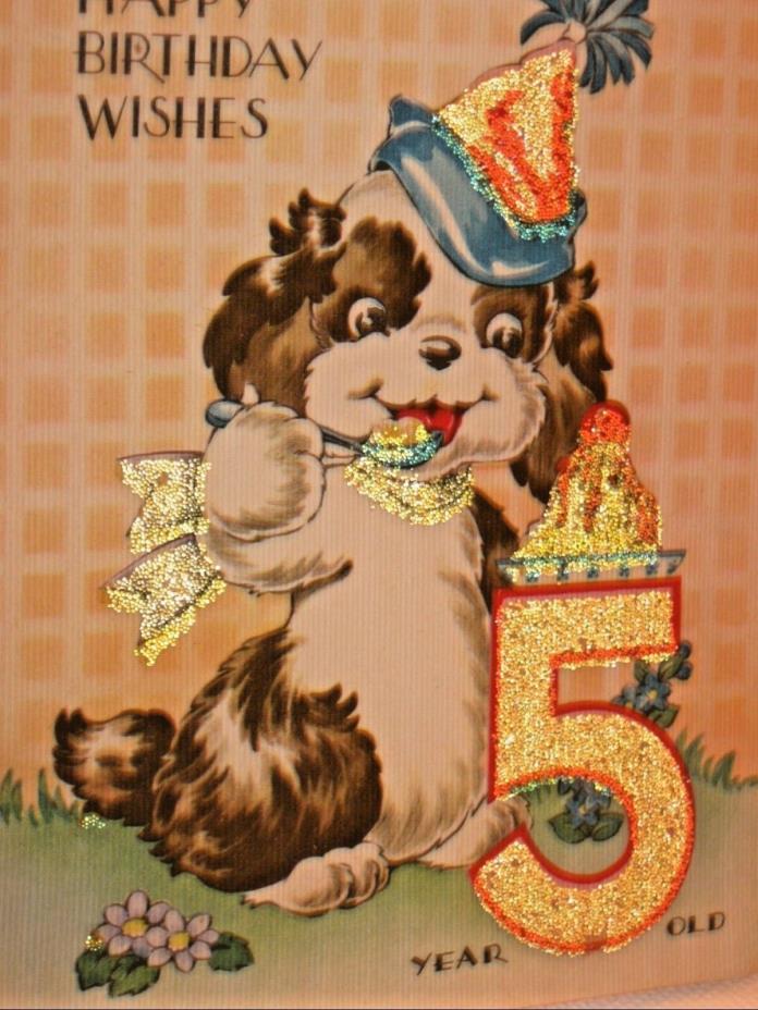 Vtg. Child's Birthday Card Puppy Dog Eating Ice Cream Embossed Beaded 1940s