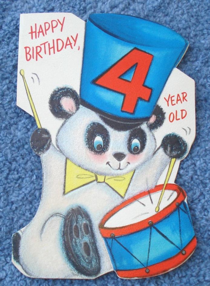 1950S VINTAGE HALLMARK HAPPY BIRTHDAY 4 YEARS OLD GREETING CARD FLOCKED PANDA