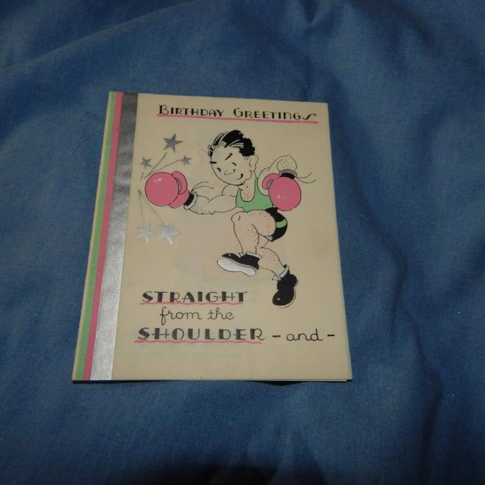 Vintage Birthday Card, Unmarked USA, Parchment Like Paper, Boxer - Pink gloves