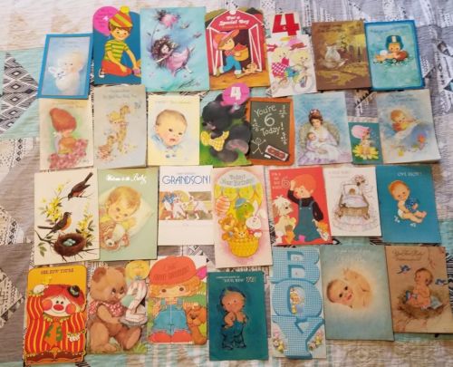 Lot Vintage Used Birthday and Baby Cards, early 1970s Boy children animals