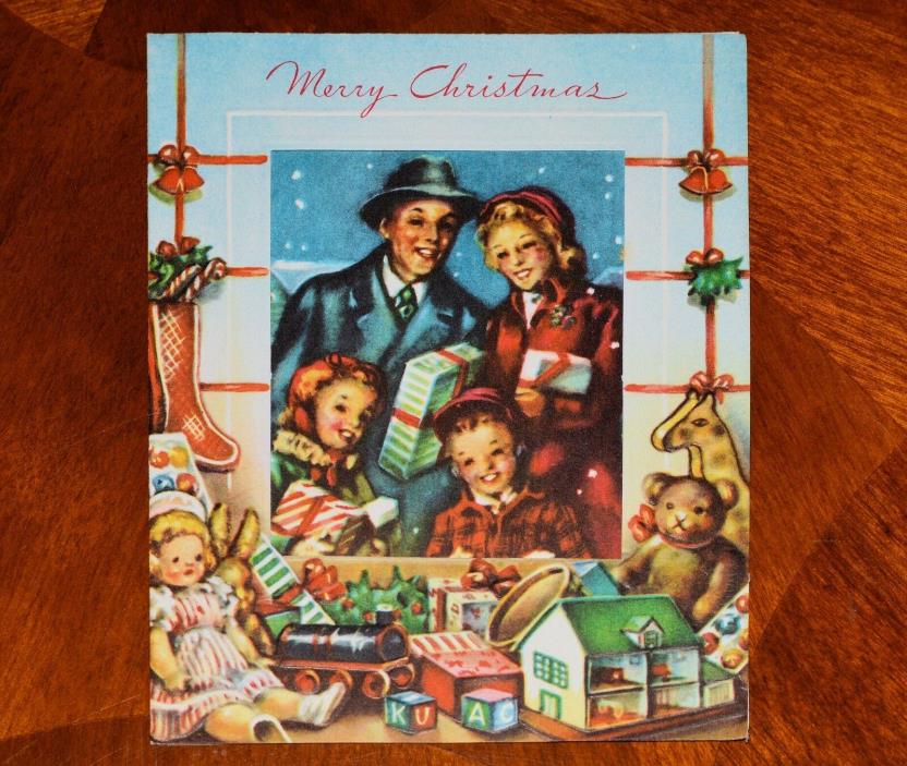 VINTAGE Christmas Card EMBOSSED FAMILY LOOKING in TOY STORE WINDOW People