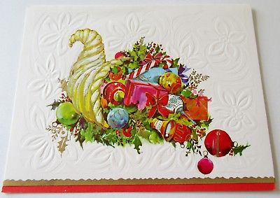 Used Vtg Christmas Card Cornucopia Filled w Ornaments Candy Cane Gifts Greenery