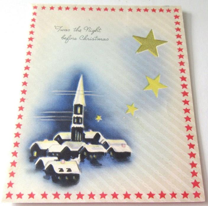 Used Vtg Christmas Card Red White & Blue Snowy Town w Gold Foil Star Over Church