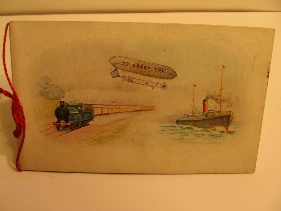 1930's Era Christmas Greeting Card with zeppelin, train and ocean liner