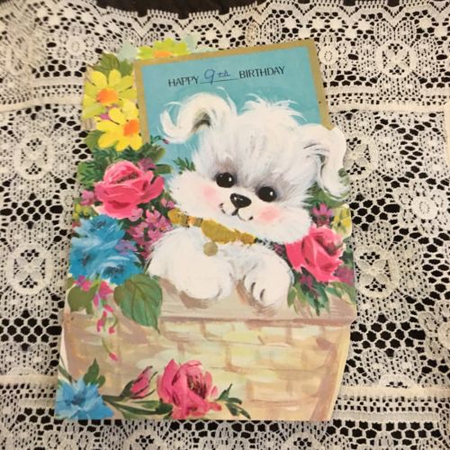 Vintage Greeting Birthday Poodle Flowers Basket