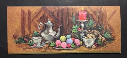 Vintage Hallmark Christmas Greeting Card Brown Background Pink Ornaments Retro