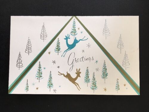 Turquoise Blue Gold Silver Reindeer Trees Vintage Christmas Greeting Card