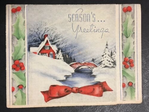 Season’s Greetings House Creek Bridge Snow Bow Holly Vintage Christmas Card