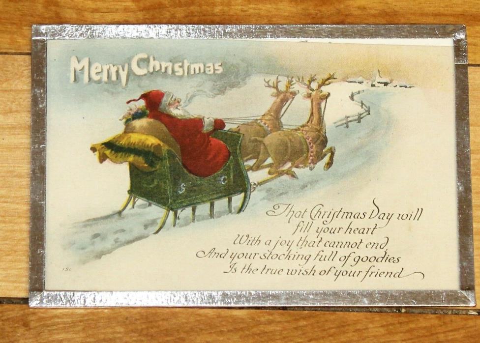 Vintage Framed Post Card- Christmas Greeting Santa & His Sleigh  Linen Postcard