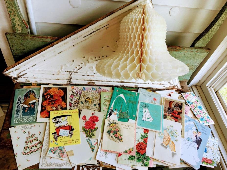 Vintage lot 80+ Wedding cards 1950's Used Crepe paper bell Craft lot