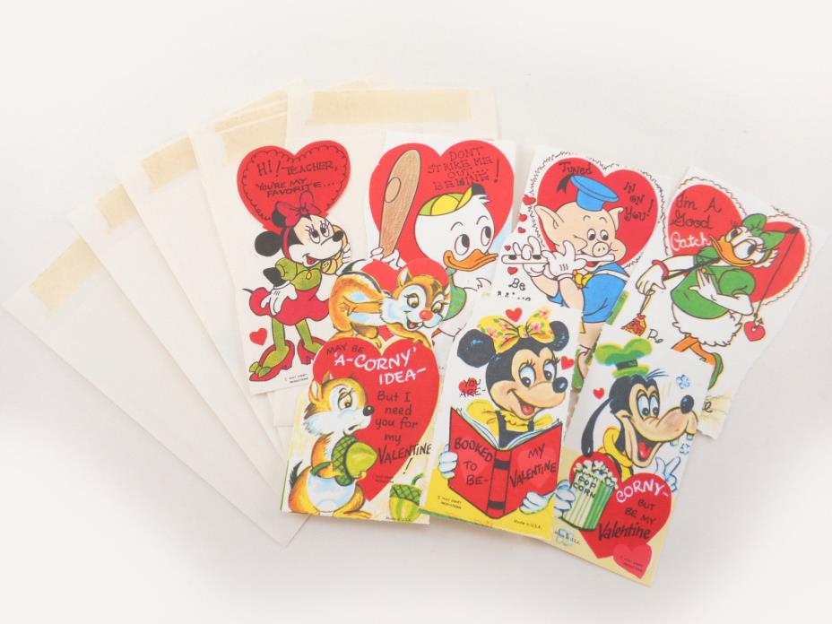 Vtg Disney Valentine Cards Lot of 7 Unsigned Minnie Goofy Chip Dale w/ Envelopes