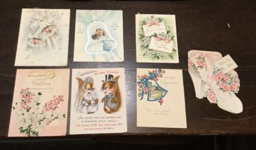 7 Antique Vintage Lot Wedding Congratulations Cards 1945-1950 Used