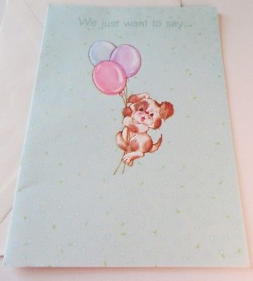 Unused Vtg Thank You Card Cute Spotted Puppy Floating with Balloons