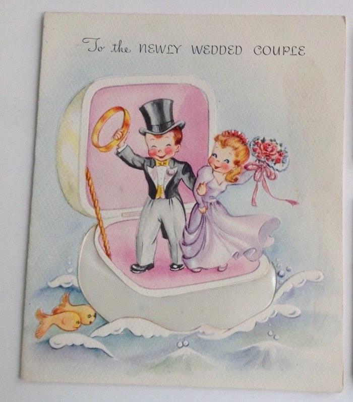 1950 Vintage MCM WEDDING Greeting Card BRIDE Saves GROOM Row Boat Ring Box Fish