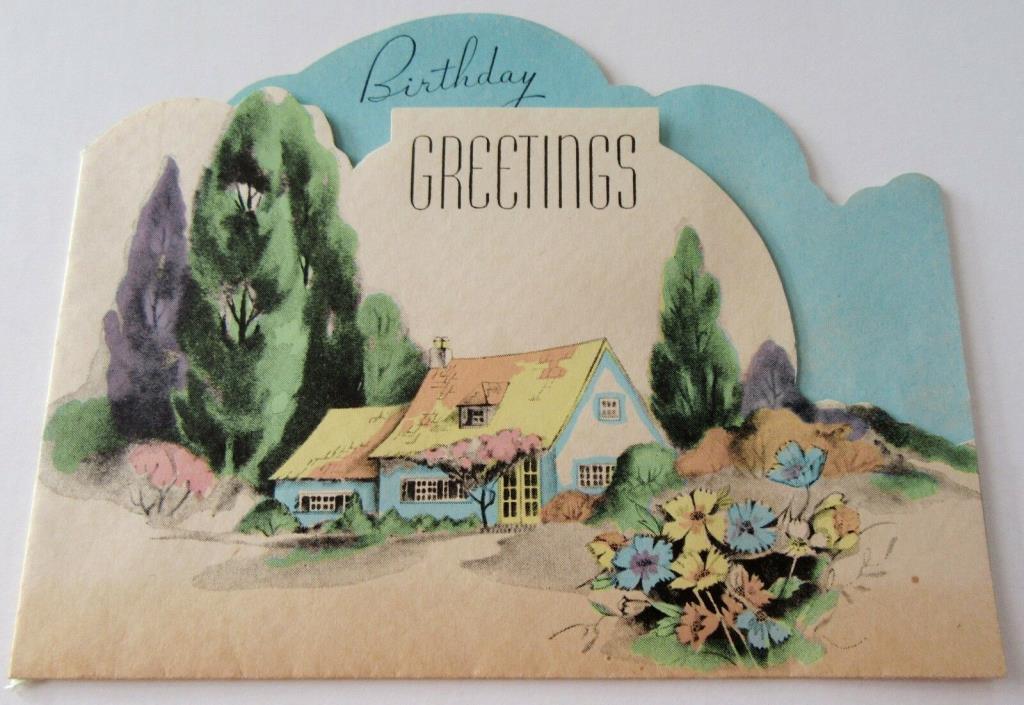 Used Vtg Greeting Card English Country Cottage w Flowers