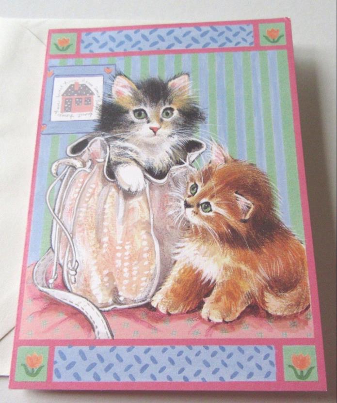 Unused Vtg Blank Note Card Cute Fluffy Kittens Playing by Purse