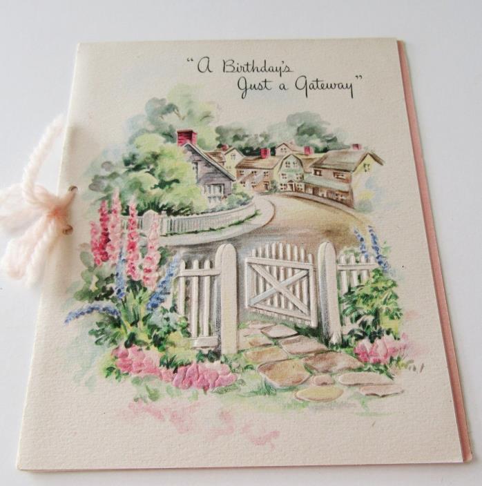 Used Vtg Greeting Card Open Gate Picket Fence to English Road w Houses