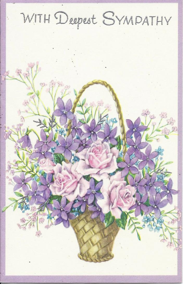 #33 MCM Sympathy Pink Rose Lilac Flowers Basket Vintage Card Unused French Fold