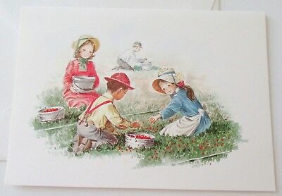 Unused Vtg Blank Greeting Card Old Fashioned Kids Cranberry Picking