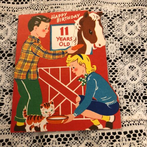 Vintage Greeting Card Birthday 11th Kids Horse Barn Door