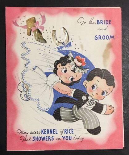 Vintage 1940s Wedding Card Real Rice Bride Groom Old Car Forget Me Not Cute!