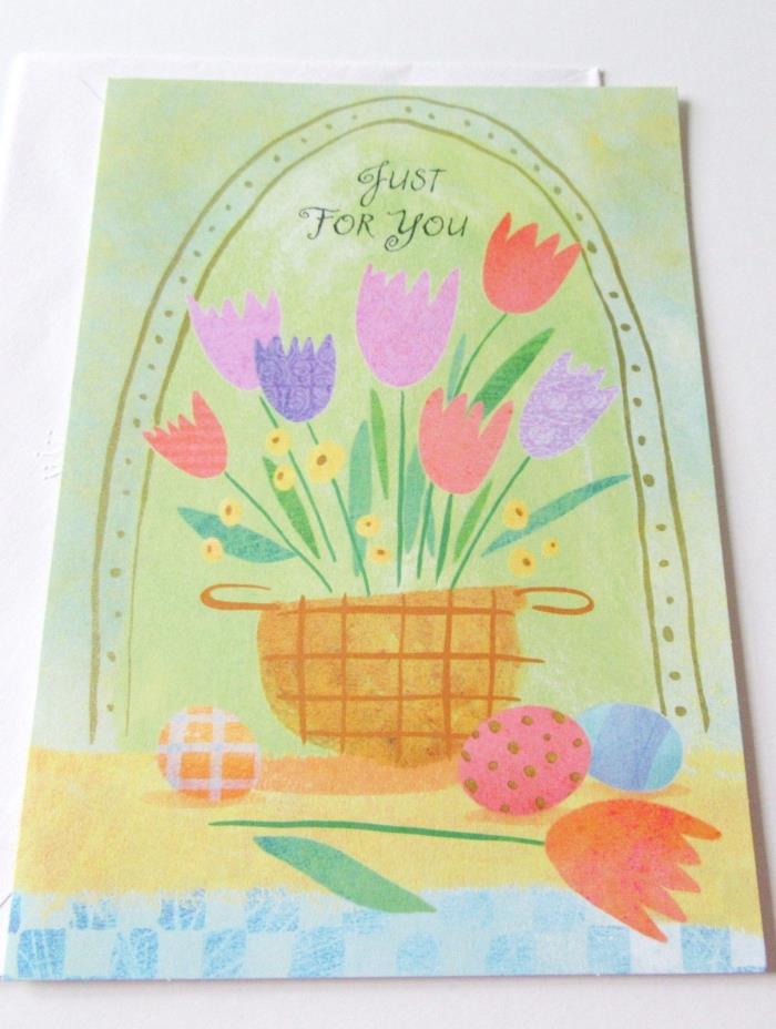 Unused Easter Card Hallmark Tulips in Basket by Easter Eggs