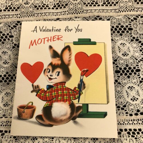 Vintage Greeting Card Valentine Cute Bunny Rabbit Painting Sign Mother
