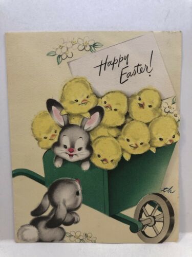 Vintage Flocked Easter Card Chicks In Wheelbarrow